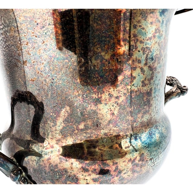 International Silver 1988 Patinaed Silver Plate Trophy Urn / Champagne Bucket With Floral Handles – Shabby Chic / English Country For Sale - Image 4 of 11