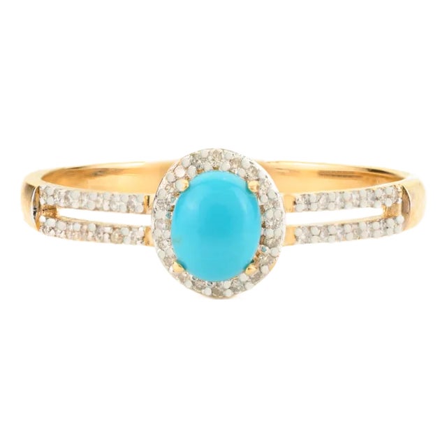 14k Yellow Gold Diamond Turquoise Women's Engagement Ring Size 6.5 For Sale