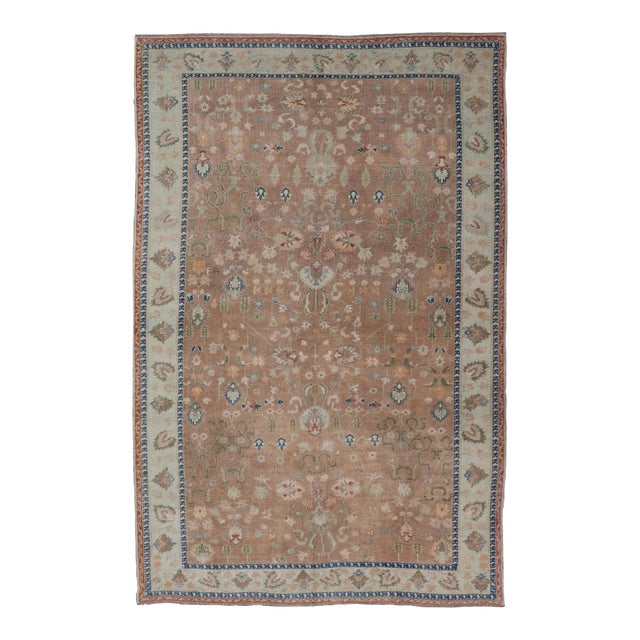 Mid 20th Century Colorful Turkish Oushak Rug in Salmon Background With All-Over Floral Design For Sale