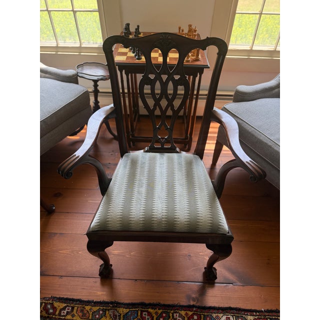 Brown Antique Grand Regency-Style Three-Pedestal Mahogany Dining Suite, Seats 12 — Table + 10 Chairs — Brass Paw Casters For Sale - Image 8 of 10