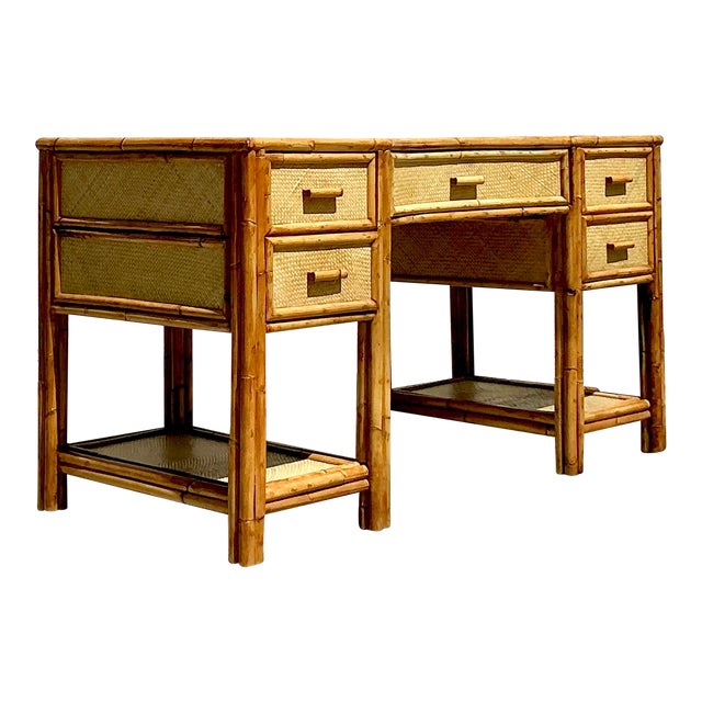 Vintage Coastal Woven Rattan Writing Desk For Sale