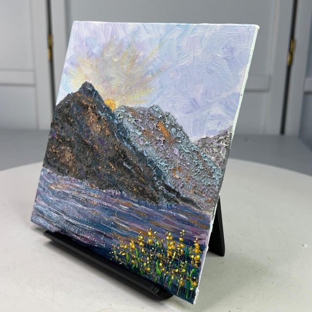 2020s Mountain Majesty 6" X 6" Acrylic Painting, Sunrise, Lake and Wildflowers For Sale - Image 5 of 7