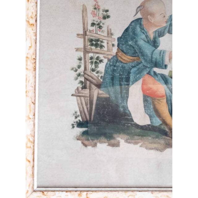 19th Century French Chinoiserie Chinese Export Style Watercolor Painting For Sale - Image 9 of 18