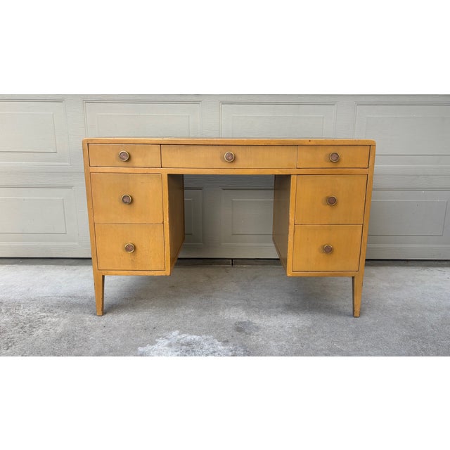 DESCRIPTION: Rare Edward Wormley for Dunbar small writing office desk in pickled/painted finish with leather top that...