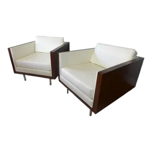 Mid 20th Century Walnut Case White Leather Cube Chairs Vintage in the Style of Milo Baughman - a Pair