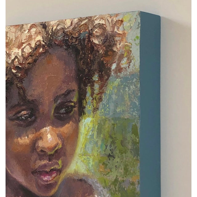 Figurative Skeptic by Lisa Fricker | Oil on Cradled Wood Panel Portrait of a young girl with curly hair For Sale - Image 3 of 4