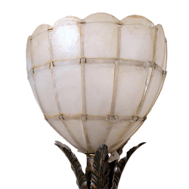 Pair of Antique Ealy 1900's Art Nouveau Cast Metal Torchiere Floor Lamps With Capiz Shell Tulip Shades For Sale In Sacramento - Image 6 of 11