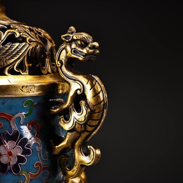 1980s Vintage Chinese Gilt‑Brass Cloisonné Enamel Incense Burner, Dragon Ears Elephant Feet Censer For Sale - Image 5 of 10