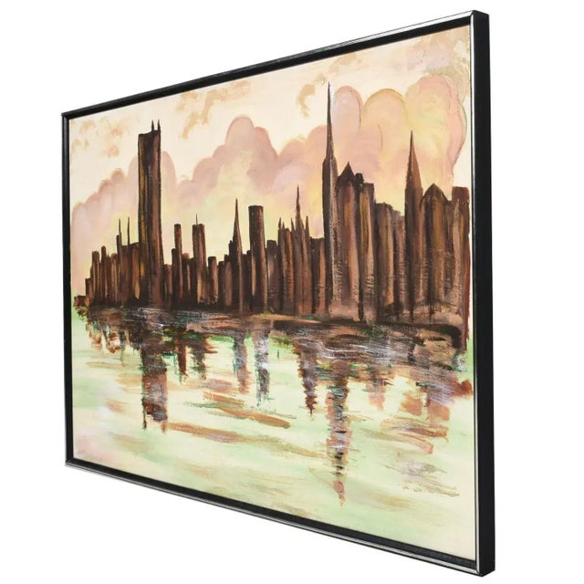 Mid-Century Modern Lee Reynolds Style Green and Brown Mid-Century Modern Cityscape Skyline Painting For Sale - Image 3 of 10
