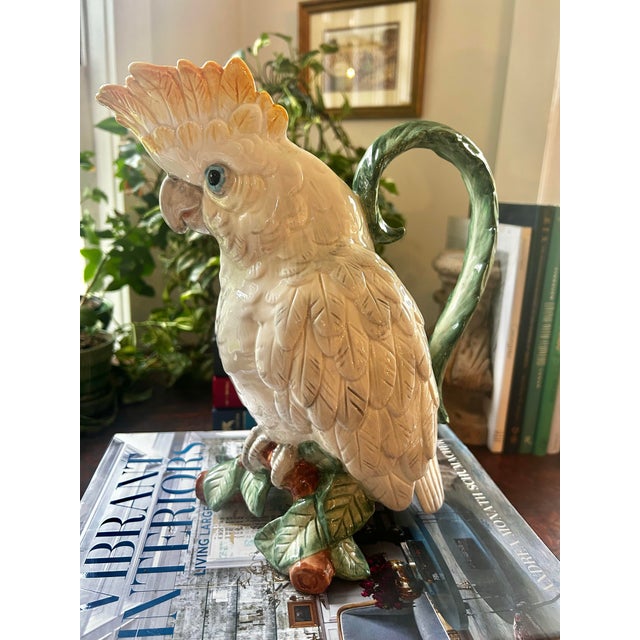 1991 Fitz and Floyd Sulfur Crested Cockatoo Palm Beach Majolica Style Pitcher For Sale - Image 9 of 12