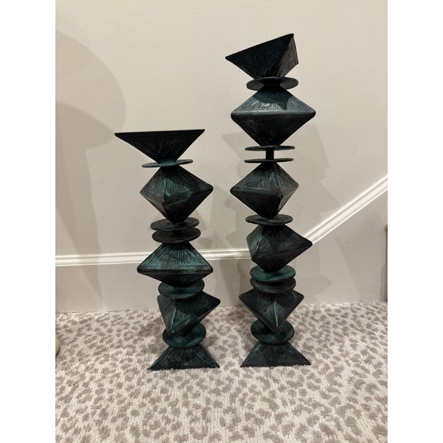 Monumental Signed Modernist/Brutalist Sculptural Candlesticks in Verdigris Patinated Bronze, 1970s, a Pair For Sale - Image 9 of 12
