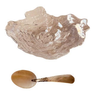 Mid 20th Century Crystal Oyster Shell Caviar Dish With Full Mother-of-Pearl & Engraved Silver Spoon For Sale