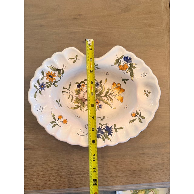 Antique shaving dish from France. Beautiful hand painted blue and gold flowers with green foliage. Please view all pictures.
