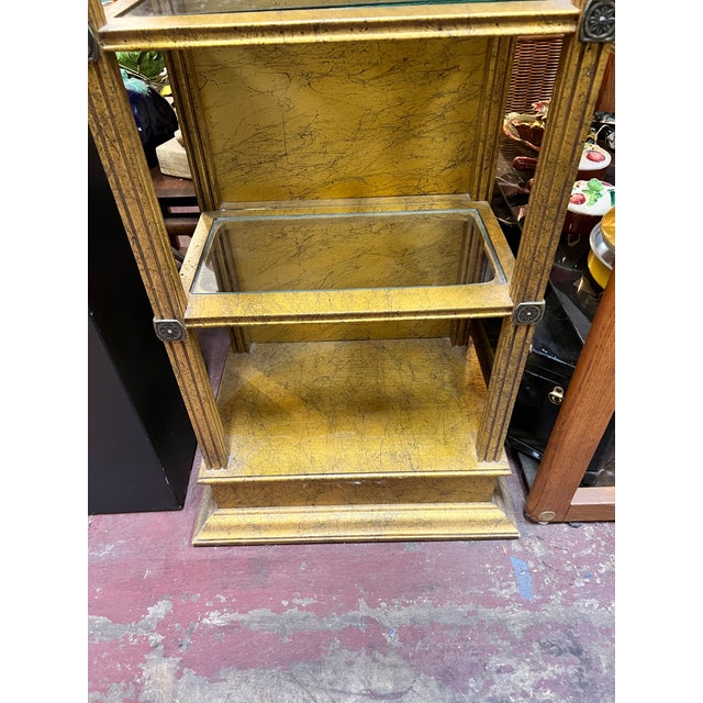 70s Hollywood Regency Faux Gold Leaf 5 Shelf Narrow Lighted Wood