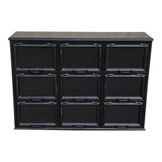 Late 20th Century Industrial Black Steel Nine-Door Glass-Front Apothecary or File Cabinet For Sale