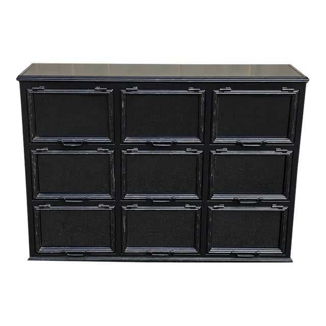 Late 20th Century Industrial Black Steel Nine-Door Glass-Front Apothecary or File Cabinet For Sale