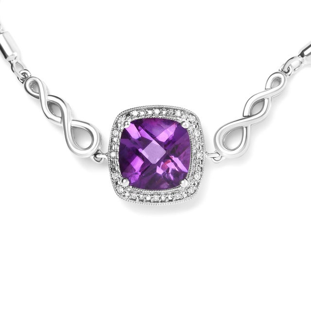 Contemporary .925 Sterling Silver 10mm Cushion Cut Amethyst Gemstone and Diamond Accent Lariat 4”-10” Adjustable Bolo Bracelet (H-I Color, SI1-SI2 Clarity) For Sale - Image 3 of 5