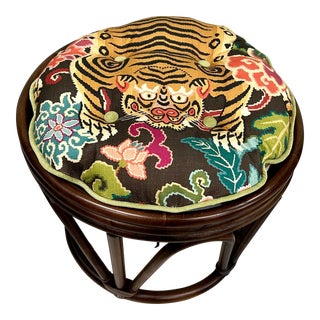 Mid 20th Century Rattan Ottoman in Designer Tiger Fabric For Sale