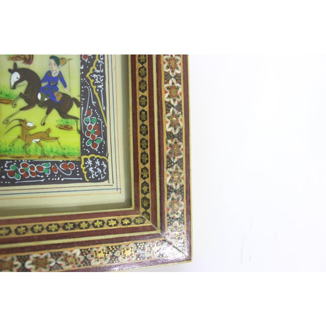 Vintage Miniature Hunting Painting in Persian Khatam Picture Frame With Bone, Wood and Brass Inlay, Table Top Easel Inlaid Photograph Frame For Sale - Image 12 of 12