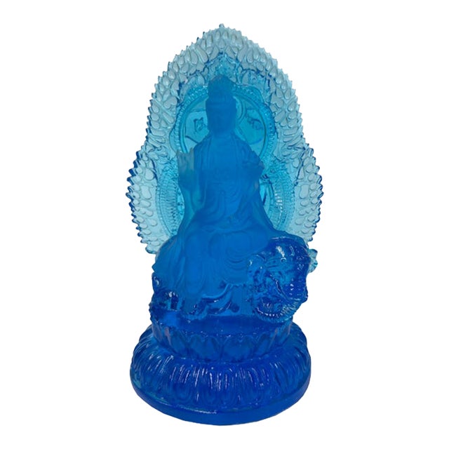 5.25" Crystal Blue Bodhisattva Samantabhadra on Elephant Figure For Sale