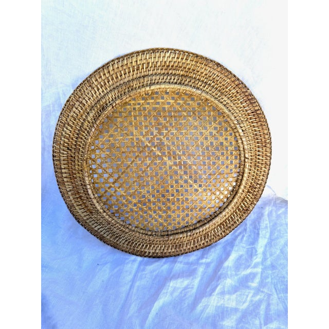 Vintage Large Rattan Serving Tray Charger in natural rattan. Great for parties with a white plater on top. 18in round x...