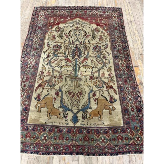 Traditional Mid Century Cream Traditional Luxury Pictorial Animal Antique Kerman Silk Rug For Sale - Image 3 of 8