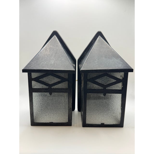 Vintage Arts Crafts Porch Sconces Pair Mid Century Lights Frosted Glass Lamps Cottage Arts and Crafts - a Pair For Sale - Image 13 of 14