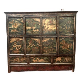 Dragon and Animal Motif Early 20th Century Antique Tibetan Hand Painted Tall Credenza Storage Cabinet For Sale
