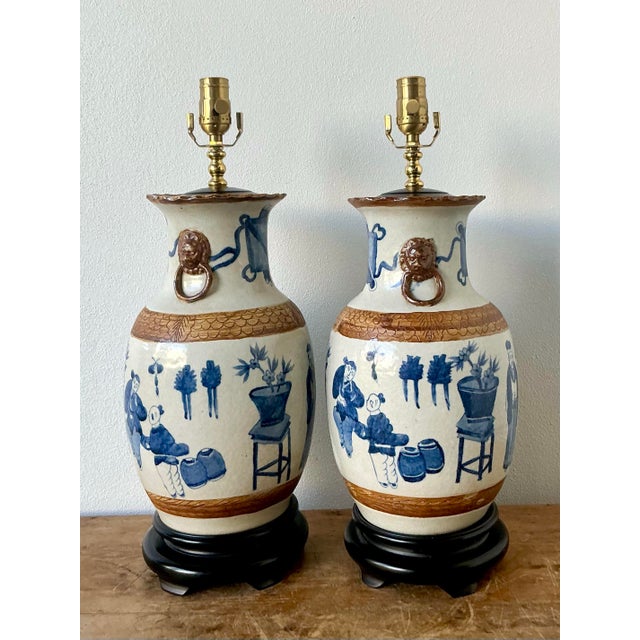 Blue Vintage Asian Blue and White Porcelain Vase Lamps - A Pair For Sale - Image 8 of 12