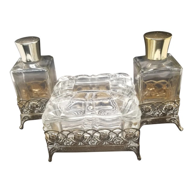 Vintage Glass and Gold Filligree Vanity Set, With Trinket Box and Perfume Bottles, Dressing Table Set For Sale