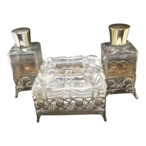 Vintage Glass and Gold Filligree Vanity Set, With Trinket Box and Perfume Bottles, Dressing Table Set