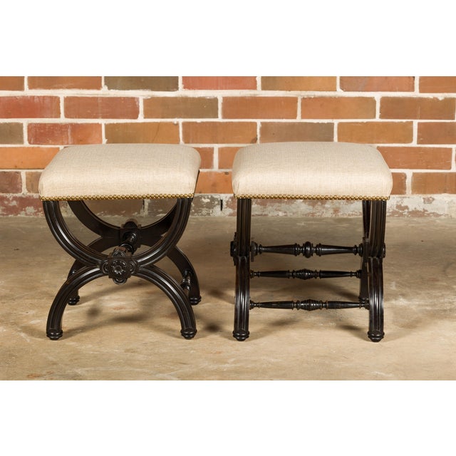 Viennese 1900s Black Stools with X-Form Bases and Custom Upholstery, a Pair For Sale - Image 9 of 12