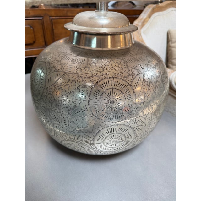2010s Pottery Barn Etched Nickel Table Lamp For Sale - Image 5 of 12