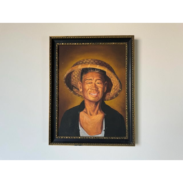 Chinese 70's Vintage Oil Portrait Painting of Chinese Man With Hat For Sale - Image 3 of 11