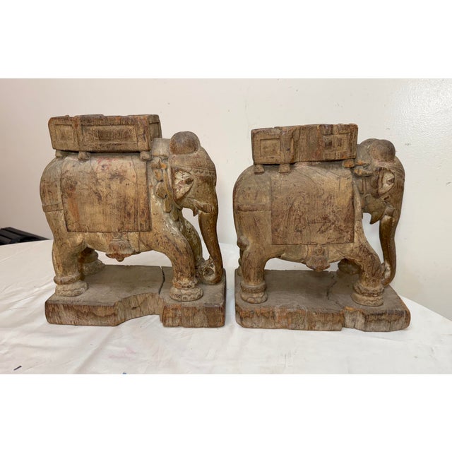 Pair of Antique 1700's Hand Carved Wood India Temple Salvage Elephant Sculptures For Sale - Image 9 of 18
