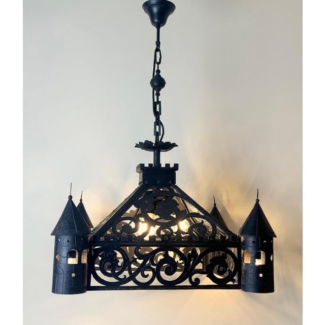 Antique Gothic Revival Wrought Iron Castle Chandelier with Turrets, 1910 For Sale - Image 11 of 18