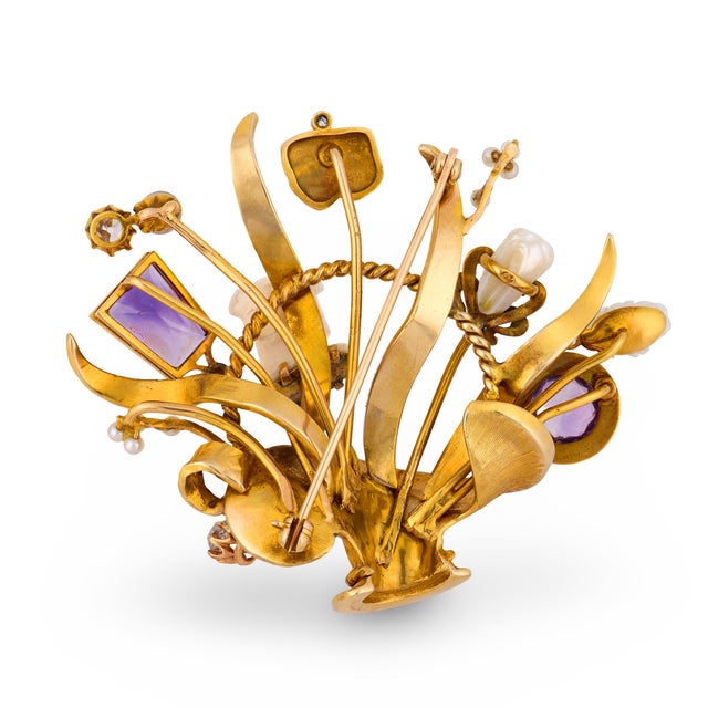Vintage Diamond Coral Amethyst Pearl 14k Yellow Gold Basket Opera Brooch For Sale In Los Angeles - Image 6 of 6