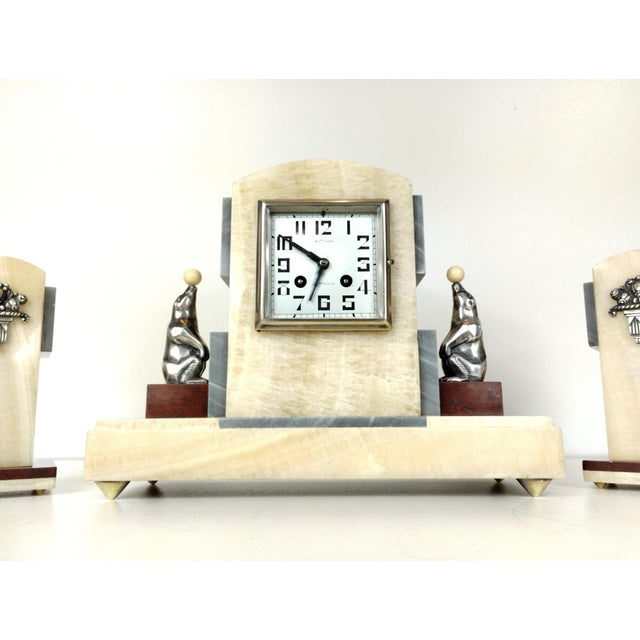 Metal French Art Deco Marble & Onyx Mantel Clock, 1930s, Set of 3 For Sale - Image 7 of 18
