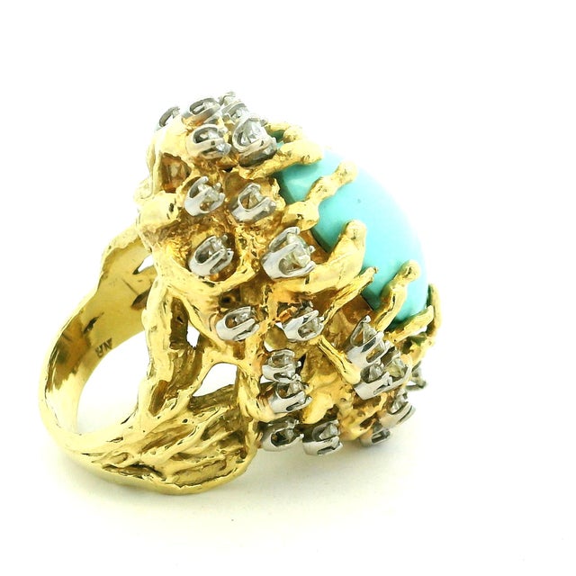 Mid-Century Modern 1960s 18k Gold Turquoise and Diamond Freeform Cocktail Ring, Size 7.5 For Sale - Image 3 of 17