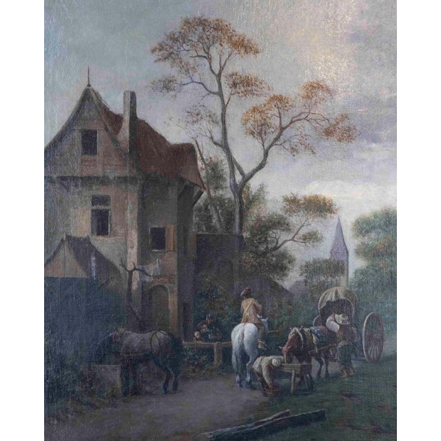 Flemish 18th Century Oil on Canvas, Suburban Street with Wayfarers For Sale - Image 12 of 12
