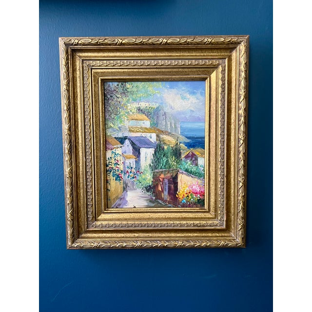 Mid- Century Framed Vintage Mediterranean Coastal Village Oil Painting For Sale - Image 10 of 18
