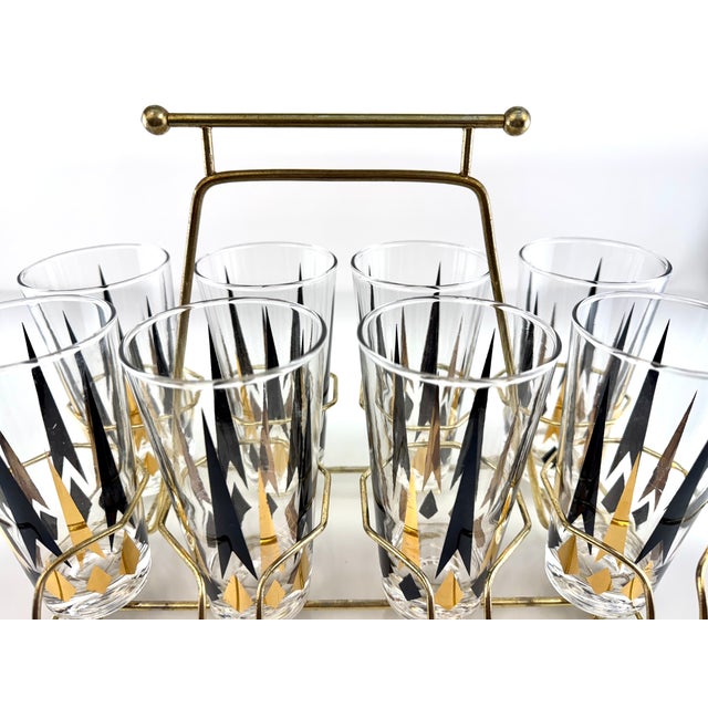 Black 1960s Mid-Century Modern Atomic Black & Gold Highball Glasses With Brass Carrier - Set of 8 For Sale - Image 8 of 12
