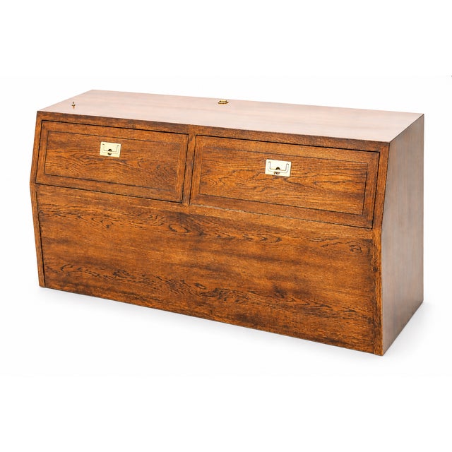 1980s Henredon Campaign-Style Queen Headboard With Built-in Storage – Oak & Brass For Sale In Tampa - Image 6 of 9