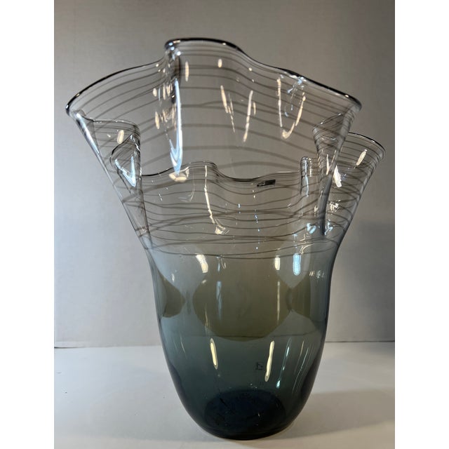 Glass Casamotion Smokey Gray Art Glass Vase With Swirl Design and Ruffled Lip For Sale - Image 7 of 12