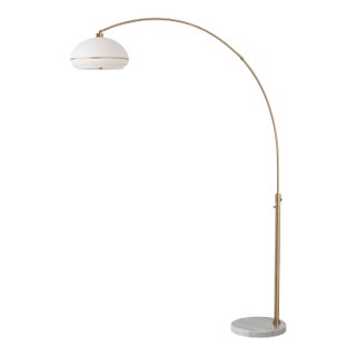 1960s Adjustable Mid Century Arc Floor Lamp, Morelli - Weathered Brass Lucite Shade, White Marble Base For Sale