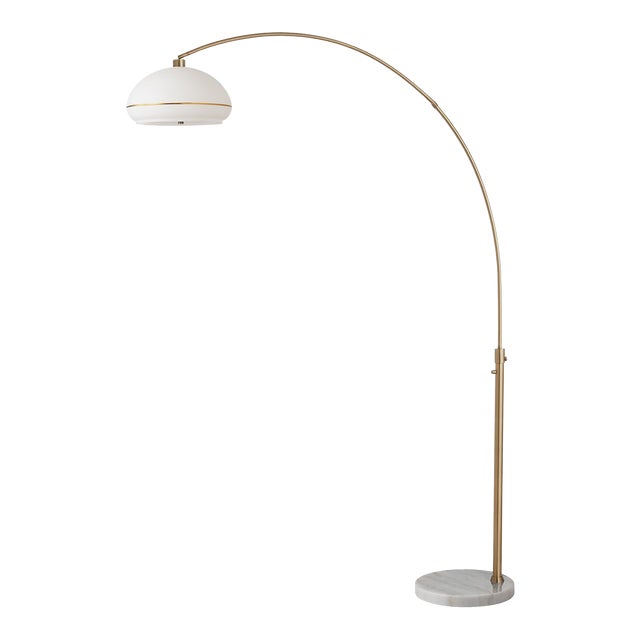 1960s Adjustable Mid Century Arc Floor Lamp, Morelli - Weathered Brass Lucite Shade, White Marble Base For Sale