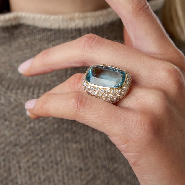 Metal Vintage French Aquamarine Diamond 18k Yellow Gold Cocktail Ring, Size 4 For Sale - Image 7 of 7