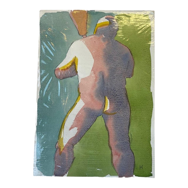 Contemporary Figurative Watercolor Painting Signed "H” Model Identified as Peter 2016. For Sale