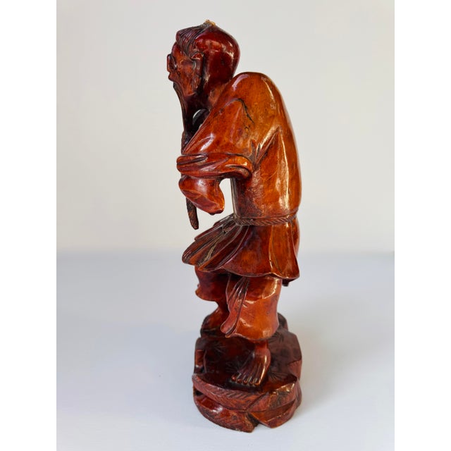 Mid 20th Century Mid-Century Hand-Carved Chinese Fisherman Statue For Sale - Image 5 of 10
