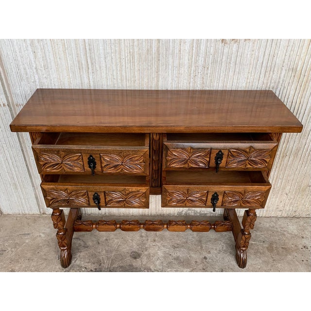 19th Century Catalan Spanish Carved Walnut Console Sofa Table, Four Drawers For Sale - Image 4 of 18